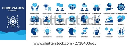 Core values icon collection set. Containing acceptance, achievement, adaptability, authenticity, autonomy, balance, badness icon.
