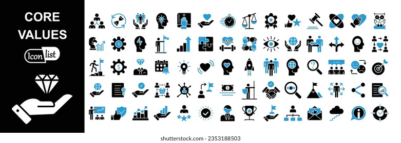  Core values icon collection. Vector solid collection of icons.