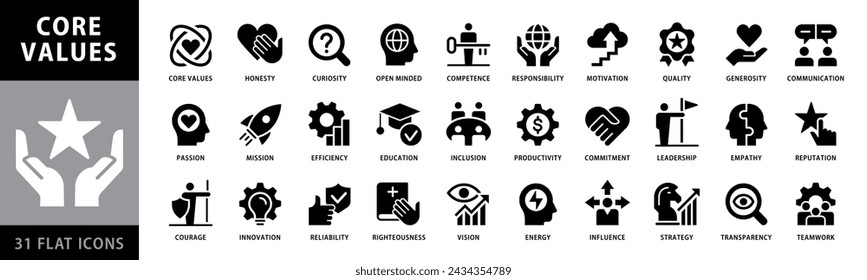 Core values icon collection. Vector solid collection of icons