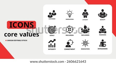 Core Values Icon Set, Business Ethics Symbols, Teamwork, Innovation, Integrity, Inclusion, Commitment, Goals, Quality, Leadership, Corporate Principles, Vector Design for Presentations and Branding