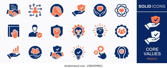 Core values icon set. Collection of business, social factors, mission, company and more. Vector illustration. Easily changes to any color.