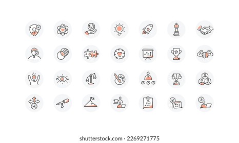 Core values icon set with the color. The modern symbol of company core values, vector line icons with editable stroke.