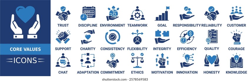 Core Values icon set. Containing kindness, environment, discipline, trust, teamwork, support, charity and more. Solid vector icons collection
