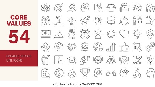 Conjunto de ícones Valores Principais. Contendo crença, trabalho em equipe, felicidade, trabalho, bem-estar, foco, honestidade, metas, meta, sucesso, crescimento e muito mais. Ícones de linha editáveis. Ilustração vetorial.