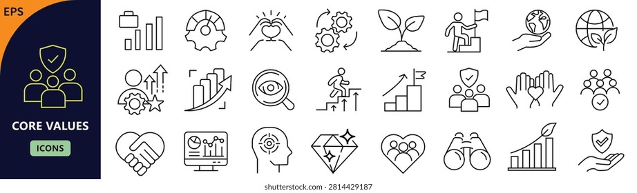 Core Values icon set. Containing integrity, honesty, respect, trust, ethics, culture, principle, teamwork, and more. Editable stroke. Vector illustration