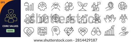 Core Values icon set. Containing integrity, honesty, respect, trust, ethics, culture, principle, teamwork, and more. Editable stroke. Vector illustration