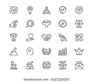 Core Values Icon Set. Editable stroke. The set contains icons as Responsibility, Vision, Business Ethics, Law, Morality, Social Issues, Teamwork, Growth