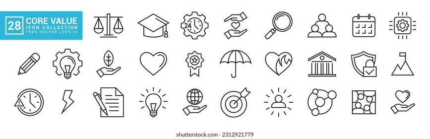 Core values icon set, filled with target, inspiration, energy, success, connection, editable and resizable vector icons EPS 10.