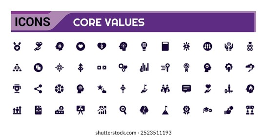 Conjunto de ícones de valores principais, ícones de estilo preenchidos, compromisso, conjunto de ícones preenchidos, glifo para Web e interface do usuário. Pacote de ícones sólidos. Ilustração vetorial.