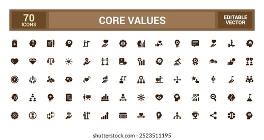 Conjunto de ícones de valores principais, ícones de estilo preenchidos, compromisso, conjunto de ícones preenchidos, glifo para Web e interface do usuário. Pacote de ícones sólidos. Ilustração vetorial.