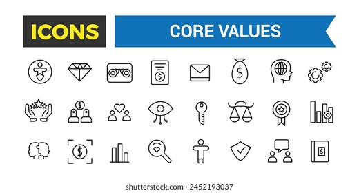 Core Values Icon Set, Full Vector Outline Style Icons, Commitment, Environmentalism Icons, Personal Growth, Innovation, Family, Problem Solving, Vector Illustration