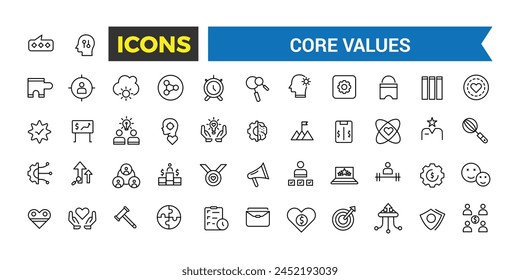 Core Values Icon Set, Full Vector Outline Style Icons, Commitment, Environmentalism Icons, Personal Growth, Innovation, Family, Problem Solving, Vector Illustration