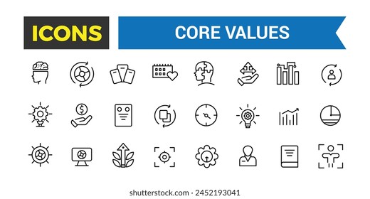 Core Values Icon Set, Full Vector Outline Style Icons, Commitment, Environmentalism Icons, Personal Growth, Innovation, Family, Problem Solving, Vector Illustration