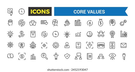 Core Values Icon Set, Full Vector Outline Style Icons, Commitment, Environmentalism Icons, Personal Growth, Innovation, Family, Problem Solving, Vector Illustration