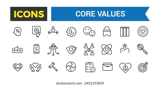 Core Values Icon Set, Full Vector Outline Style Icons, Commitment, Environmentalism Icons, Personal Growth, Innovation, Family, Problem Solving, Vector Illustration