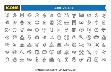 Core Values Icon Set, Full Vector Outline Style Icons, Commitment, Environmentalism Icons, Personal Growth, Innovation, Family, Problem Solving, Vector Illustration