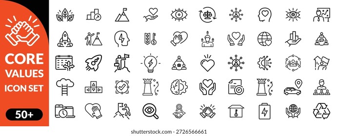 Conjunto de iconos de valores principales. Iconos de estilo de contorno de Vector completo. Vector Ilustración de stock. Diseño de conjunto de iconos grandes de icono de valores centrales 
