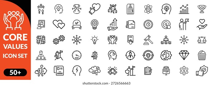 Conjunto de iconos de valores principales. Iconos de estilo de contorno de Vector completo. Vector Ilustración de stock. Diseño de conjunto de iconos grandes de icono de valores centrales 