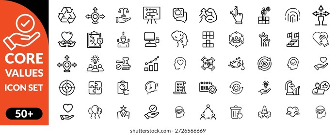 Conjunto de iconos de valores principales. Iconos de estilo de contorno de Vector completo. Vector Ilustración de stock. Diseño de conjunto de iconos grandes de icono de valores centrales 