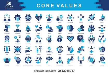 The Core Values icon set highlights principles like integrity, passion, and collaboration ideal for defining workplace culture, leadership identity, and organizational alignment.