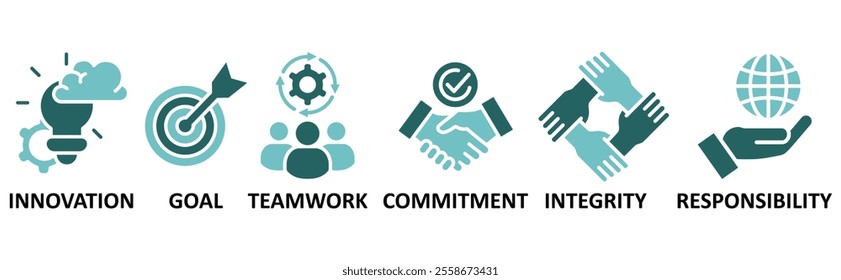 Core values icon set illustration concept with icon of innovation, goal, teamwork, commitment,integrity,responsibility