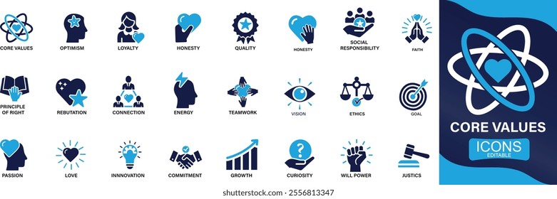 Core values icon set. innovation, goals, responsibility, integrity, customers, commitment, quality, teamwork,, You can easily change the color