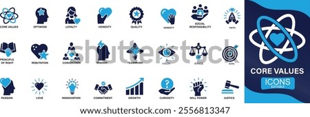 Core values icon set. innovation, goals, responsibility, integrity, customers, commitment, quality, teamwork,, You can easily change the color