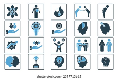 core values icon set. integrity, passion, respect, creativity, humility, empathy, etc. solid icon style design. simple vector design editable