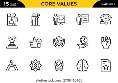 Conjunto de iconos de valores principales. Iconos vectoriales mínimos y modernos para integridad, ética, liderazgo, interfaz de usuario, Web, móvil. Paquete de iconos de contorno delgado. Ilustración vectorial