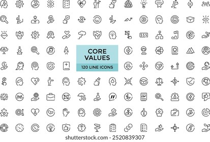 Conjunto de iconos de valores principales. misión, visión, confianza, propósito, liderazgo y más editables iconos de contorno de trazo colección, Ilustración vectorial. Píxel perfecto.
