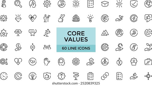 Core values icon set. mission, vision, trust, purpose, leadership and more editable stroke outline icons collection, vector illustration. Pixel perfect.