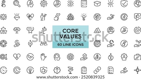 Core values icon set. mission, vision, trust, purpose, leadership and more editable stroke outline icons collection, vector illustration. Pixel perfect.
