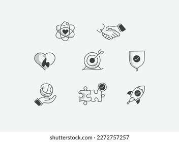 Core values icon set. The modern symbol of company core values, vector line icons with editable stroke.