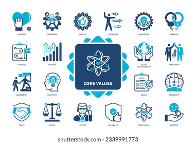 Core values icon set. Society, Teamwork, Ethic, Innovations, Freedom, Modesty, Social Responsibility, Support. Duotone color solid icons