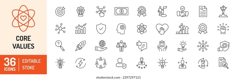 Core Values icon set. Success, quality, innovative, client, business, leadership, responsibility and many more… Editable stroke icons. Vector Illustration.