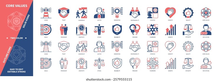 Core values icon set. Trust, Teamwork, Ethics, Innovations, Freedom, Friendship, Responsibility, Reputation. Duotone color solid and editable outline icons