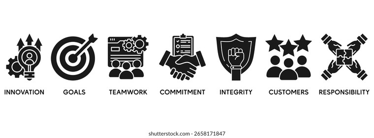 Core values icon set vector illustration concept relate to innovation, goals, teamwork, commitment, integrity, customers, and responsibility