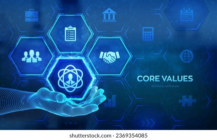 Core Values icon in wireframe hand. Responsibility Ethics Goals Company concept on virtual screen. Core values infographic. Vector illustration.
