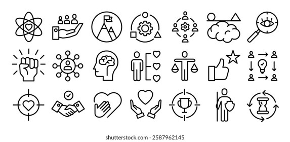 Core values icons. Ambition, mission, vision, trust, purpose, leadership and growth editable stroke outline icons set isolated on white background flat vector illustration. Pixel perfect. 