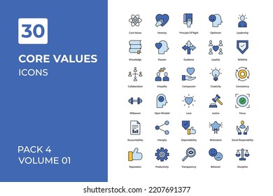 Colección de iconos de valores centrales. Establecer la línea vectorial con elementos para conceptos móviles y aplicaciones web. Colección de iconos modernos.