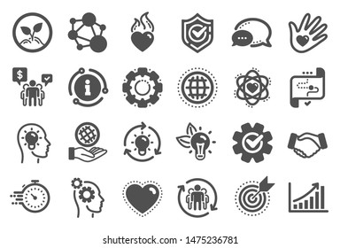 Core values icons. Integrity, Target purpose and Strategy. Trust handshake, social responsibility, commitment goal icons. Growth chart, innovation, core values network. Quality set. Vector