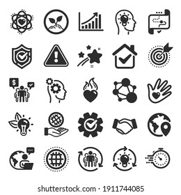 Iconos de valores centrales. Integridad, objetivo y estrategia. Apretón de manos de confianza, responsabilidad social, iconos de objetivos de compromiso. Gráfico de crecimiento, innovación, red de valores centrales. Conjunto de iconos plano. Vector