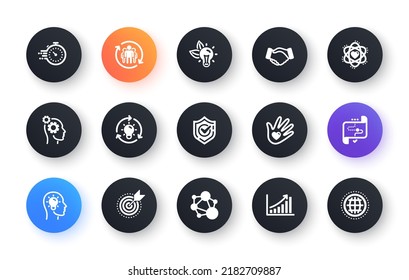 Core values icons. Integrity, Target purpose and Strategy. Helping hand, social responsibility, commitment goal icons. Classic set. Circle web buttons. Vector