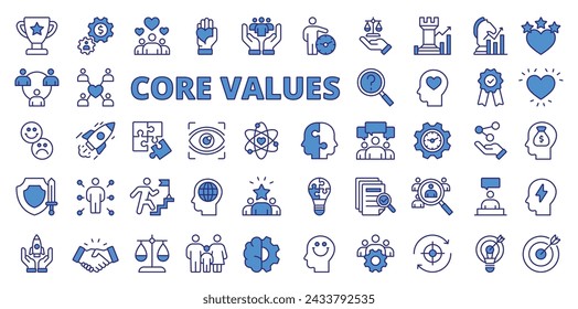 Core values icons in line design, blue. Growth, business, icons, infographic, focus, creativity, gear, core, optimism, goal isolated on white background vector. Core values editable stroke icons.