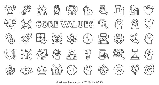 Core values icons in line design, blue. Growth, business, icons, infographic, focus, creativity, gear, core, optimism, goal isolated on white background vector. Core values editable stroke icons.