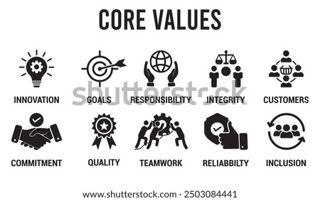 Core Values icons Set. Company ethical business symbol, goals, responsibility, integrity, customer's, commitment, quality, team work, reliability and inclusion. Vector Flat Style web icon set.