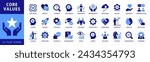 Core Values icons Set. With concepts like Communication, Generosity, Responsibility, Quality, Reputation, Competence, Curiosity, Teamwork, Honesty. Vector Flat Style Dual color collection of icons