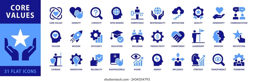 Core Values icons Set. With concepts like Communication, Generosity, Responsibility, Quality, Reputation, Competence, Curiosity, Teamwork, Honesty. Vector Flat Style Dual color collection of icons