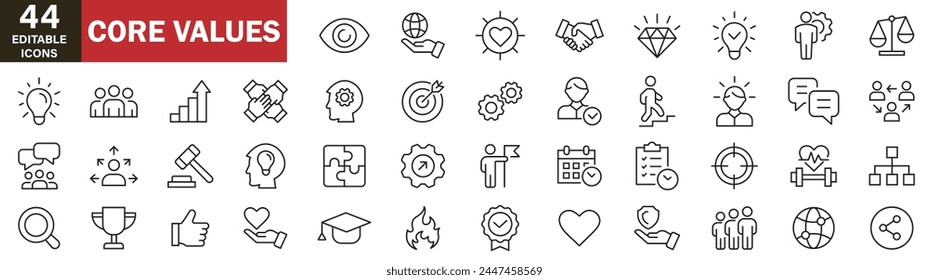 Core values icons set with editable stroke. Includes such qualities as performance, passion, diversity, exceptional, innovative, accountability, will to win, empathy, open-minded on white background 