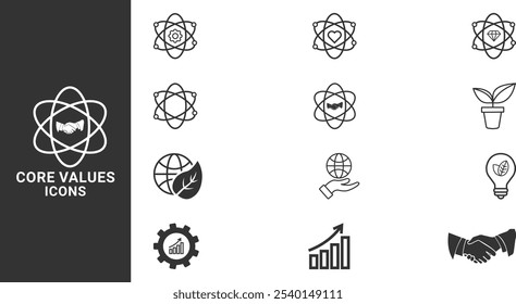 Conjunto de iconos de valores principales.  Innovación, integridad, colección de motivación de los Clientes. Ilustración vectorial.